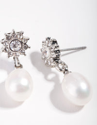 Rhodium Flower Pearl Drop Earrings - link has visual effect only