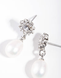 Rhodium Flower Pearl Drop Earrings - link has visual effect only