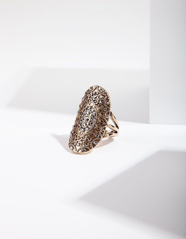 Antique Gold Diamante Plate Ring