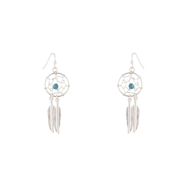 SHINY SILVER DREAMCATCHER WITH TURQUOISE MINI BALL Earrings