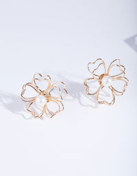 Gold Pearl Wired Flower Stud Earrings - link has visual effect only