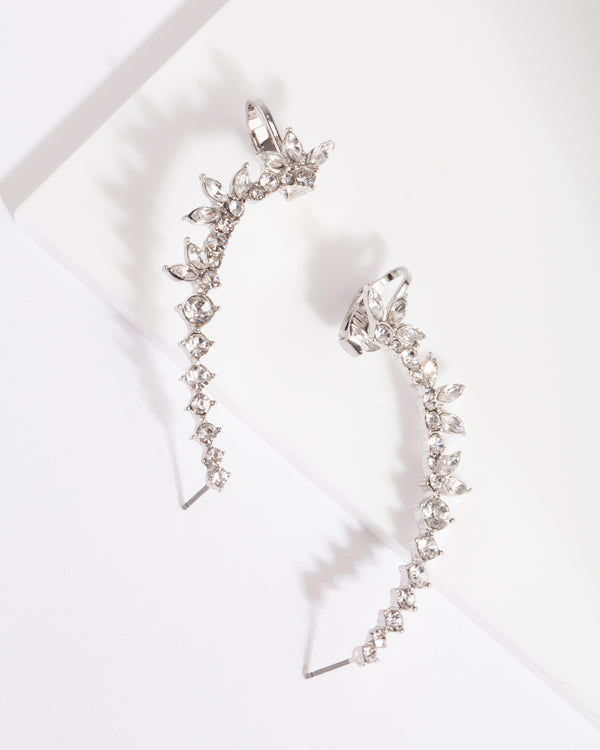 Rhodium Double Diamante Cuff Earrings