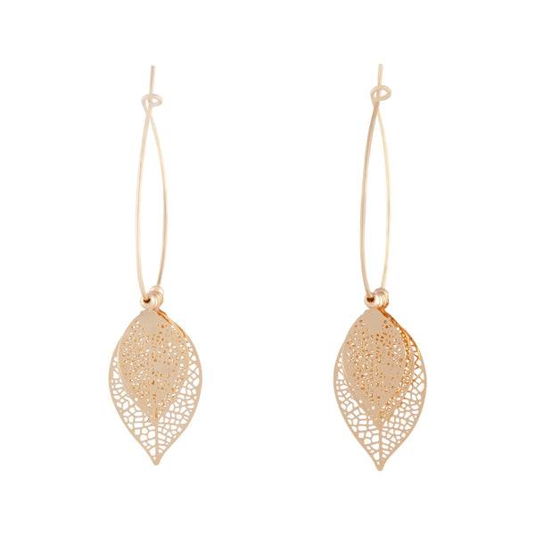 Gold Tone Filigree Leaves On Hoop Earrings