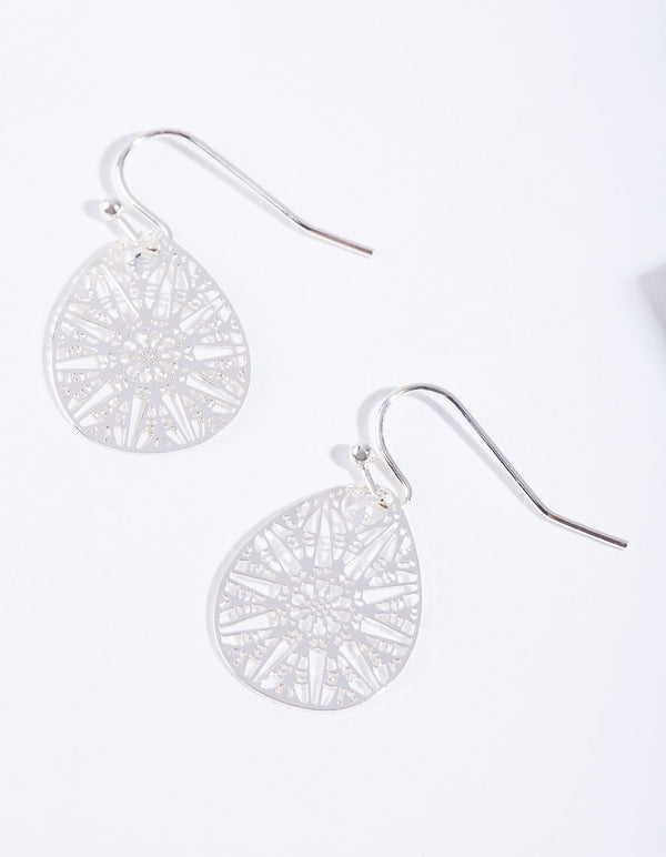 Silver Filigree Cut Out Drop Earrings