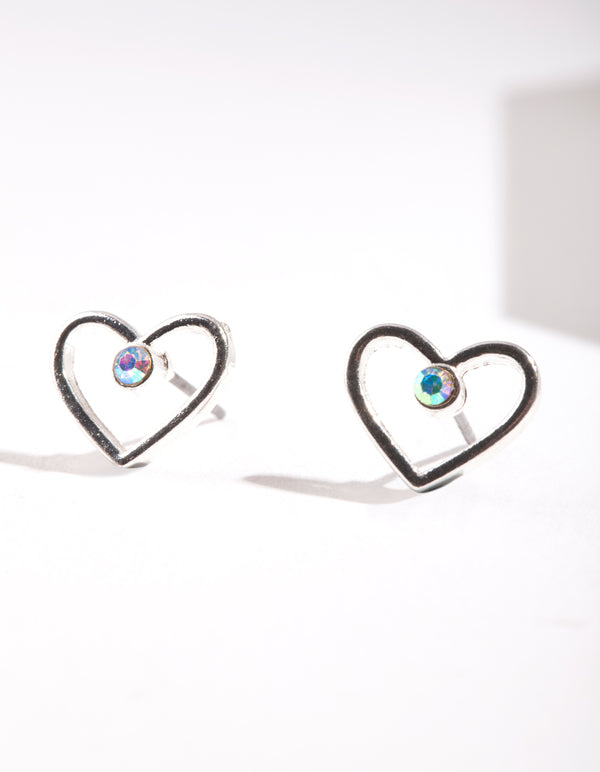 Silver Cut Out & Diamante Heart Stud Earring