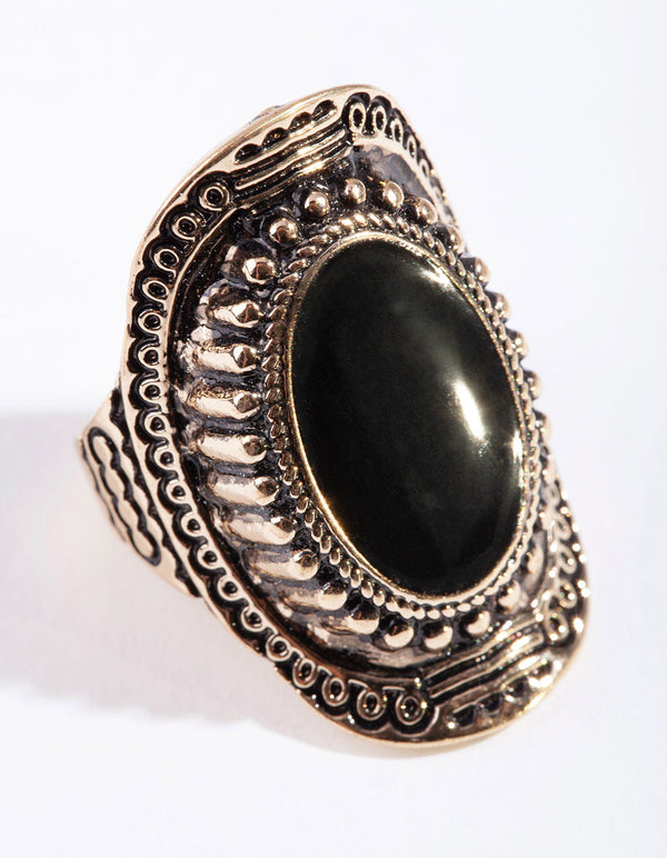 Antique Gold Oval Etched Border Ring