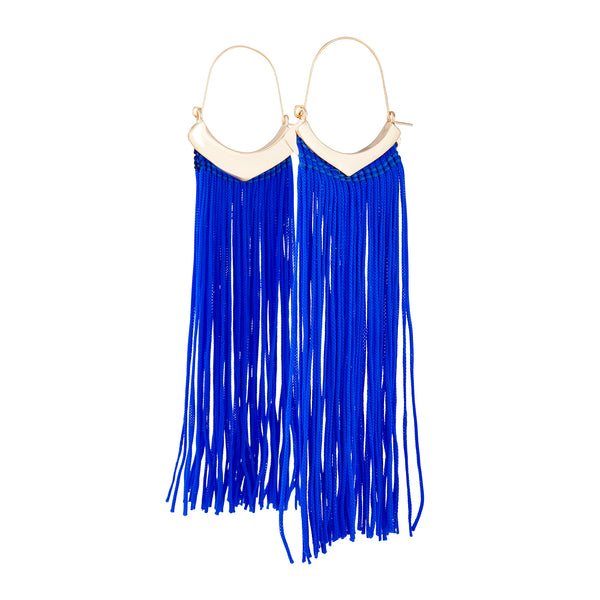 GOLD CREOLE HOOP Earrings WITH COBALT TASSEL FRINGE