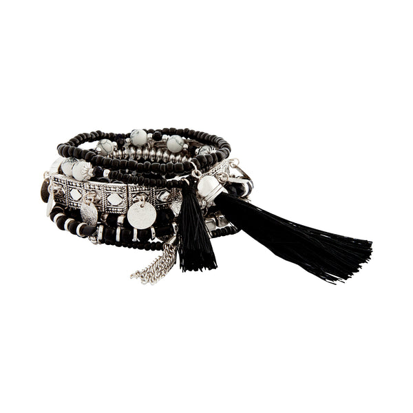 Black Silver Tassel Etched Mixed Bracelet Pack