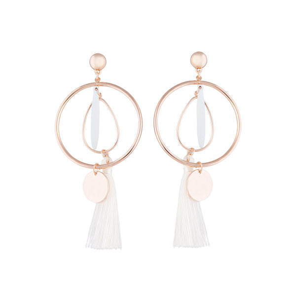 White Rose Gold Feature Hoop Tassel Earrings