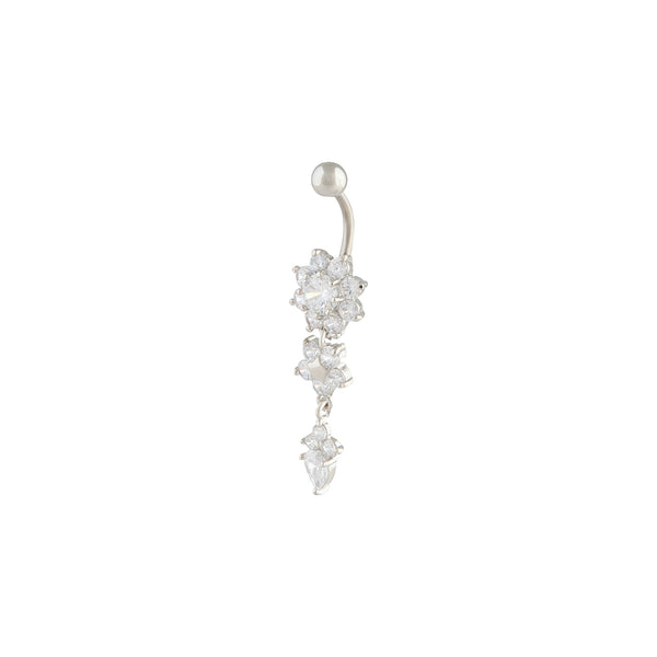 Rhodium Surgical Steel Cubic Zirconia Three Flower Belly Bar