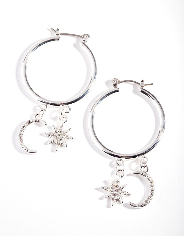 Silver Celestial Charm Hoop Earrings