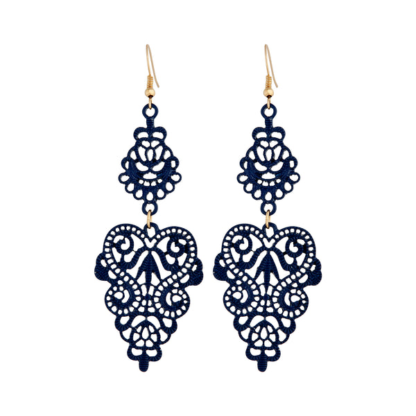 Blue Metal Filigree Drop Earrings