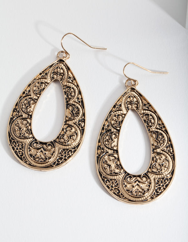 Antique Gold Filigree Teardrop Earrings