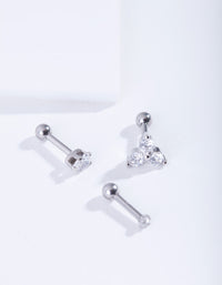 Rhodium Surgical Steel Tripple Diamante Barbell Earrings - link has visual effect only