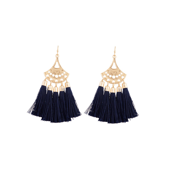 Gold Fan Drop 5 Navy Tassel Earrings