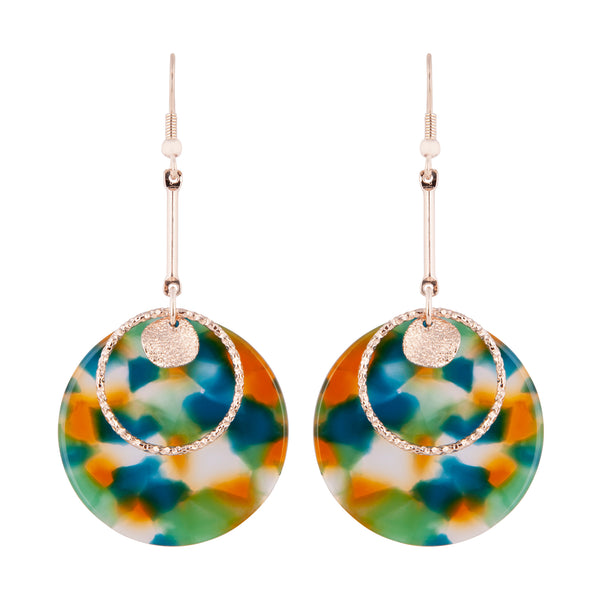 Rose Gold Multi Coloured Acrylic Disc Drop Earrings