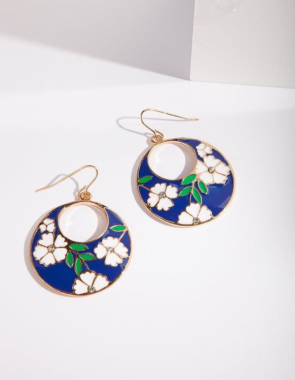 Blue Enamel Flower Circle Drop Earrings