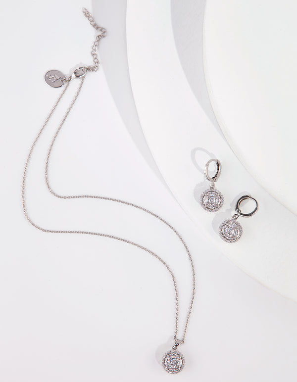 Silver Diamond Simulant Necklace Earrings Set