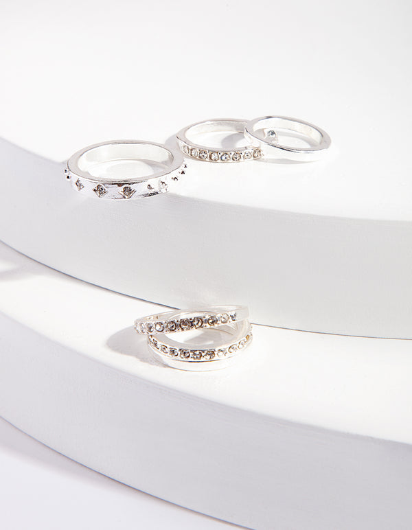 Silver DIamante Mix Band Ring Pack