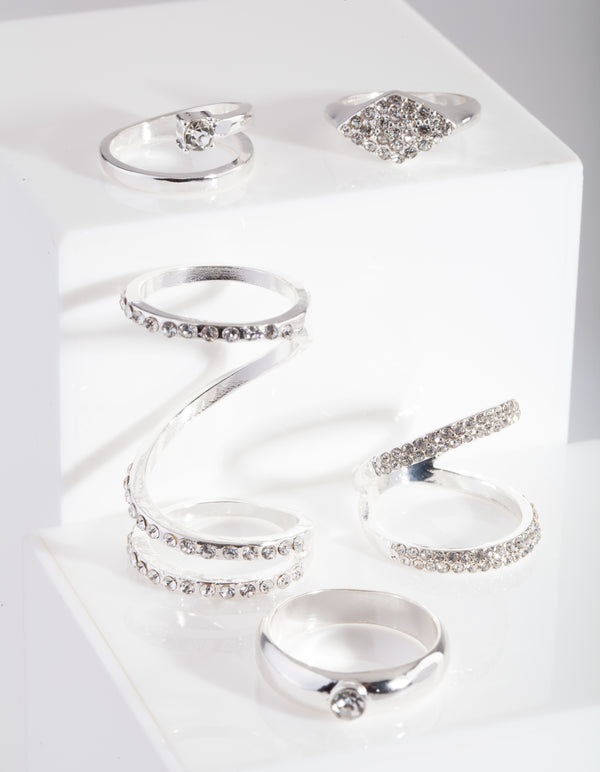 Diamante Swirl Silver Ring Pack