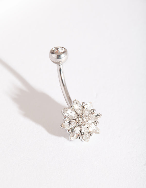 Silver Surgical Steel Floral Gem Belly Bar