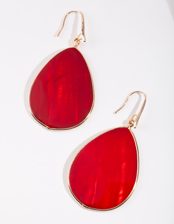 Gold Rimmed Red Tear Drop Shell Earrings