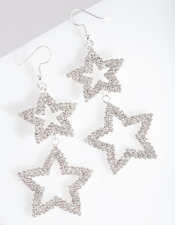 Diamante Double Star Drop Earrings