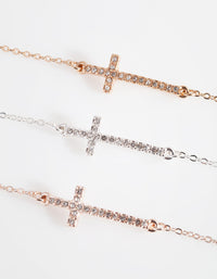 Gold, Silver and Rose Gold Diamante Cross Bracelet 3 Pack - link has visual effect only