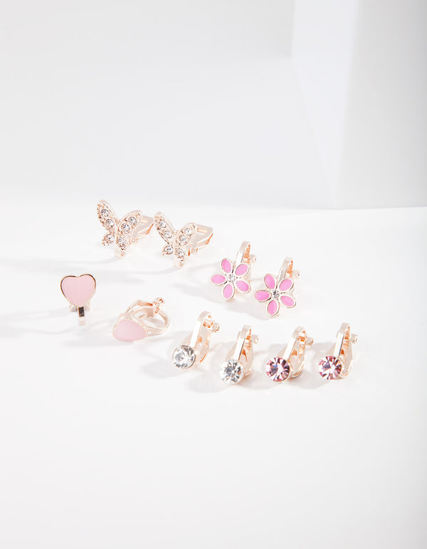 Kids Rose Gold Hearts & Flowers Clip Earring 5-Pack