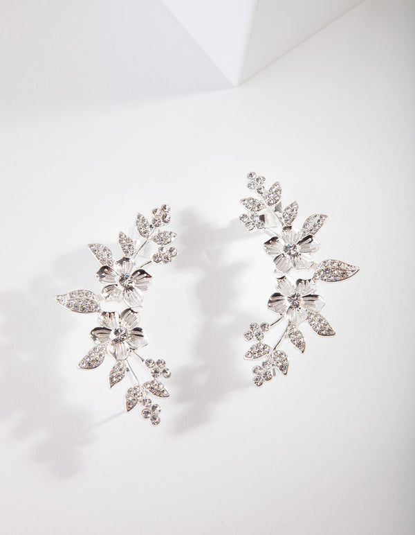 Silver Diamante Flower Cuff Earrings