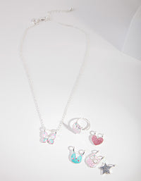 Kids Silver Multi Charm Ring Necklace Set - link has visual effect only