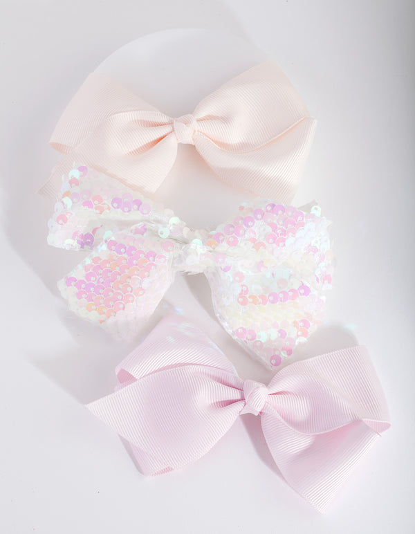 Kids White Sequin Bow Hair Clip Pack