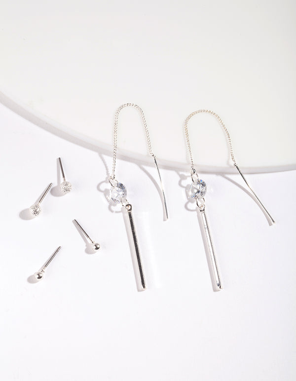 Cubic Zirconia Simple Stud & Chain Drop Earring Pack