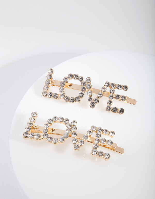 Gold Love Diamante Hair Clip Pack