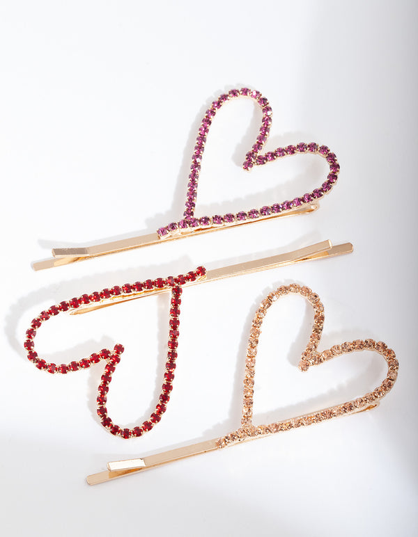 Gold Pink Red Diamante Heart Clip Pack