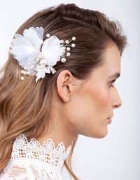 Silver White Fabric Flower Hair Clip - link has visual effect only