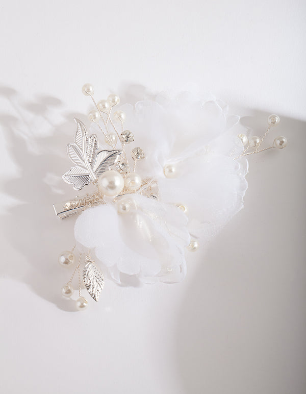 Silver White Fabric Flower Hair Clip