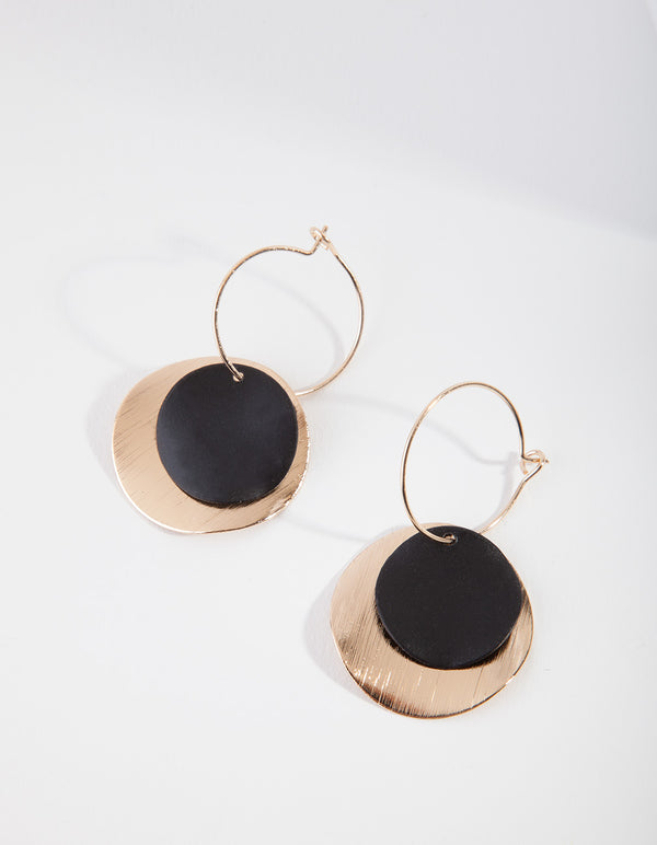 Gold Black Disc Layer Earrings