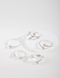 Silver Floral Diamante Ring 5-Pack - link has visual effect only