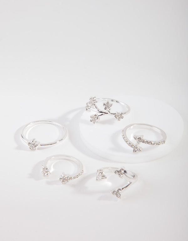 Silver Floral Diamante Ring 5-Pack