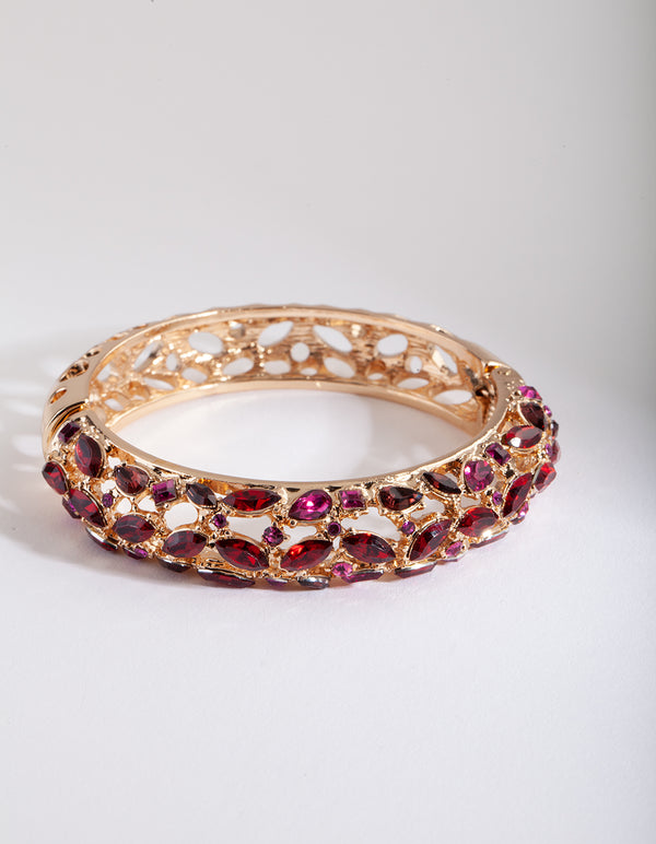 Gold Red Gem Cluster Bangle