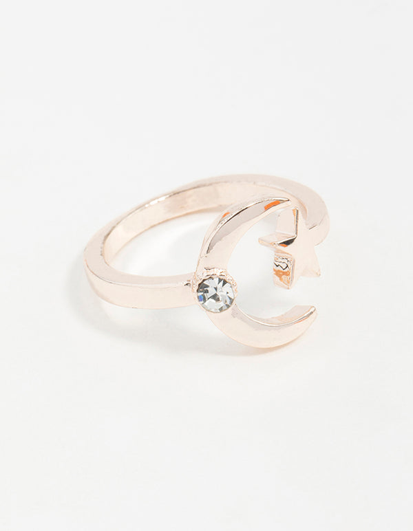 Rose Gold Open Moon Star Ring