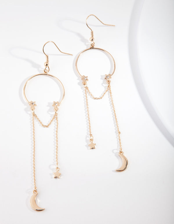 Gold Circle Crescent Circle Drop Earrings