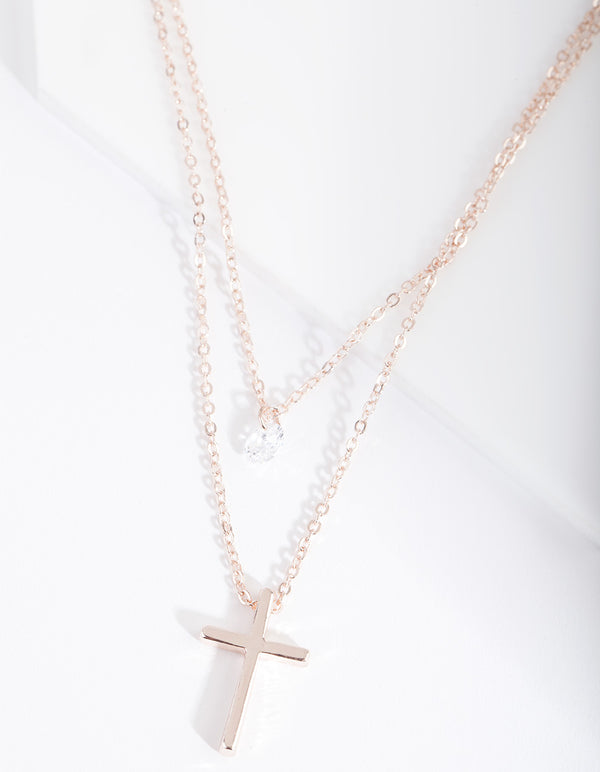 Rose Gold Cubic Zirconia Multirow Cross Necklace