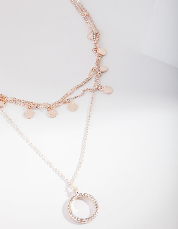 Rose Gold Disc & Circle Charm Layered Choker Necklace