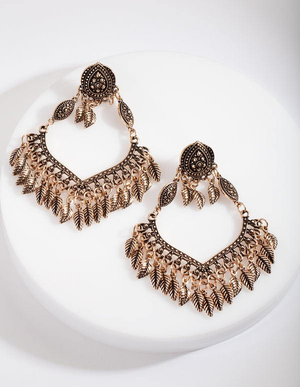 Antique Gold Leaf Detailed Drop Earrings