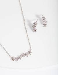 Silver Diamond Simulant Flower Cluster Necklace & Earrings Set - link has visual effect only