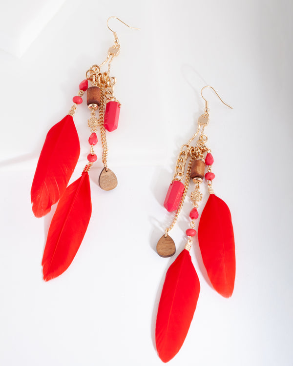 Red Mixed Feather Bead Earrings