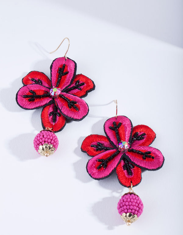 Red Embroidered Flower Earrings