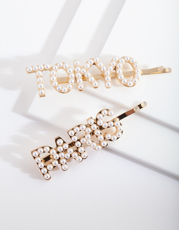 Gold Pearl Paris & Tokyo Hair Clip Pack